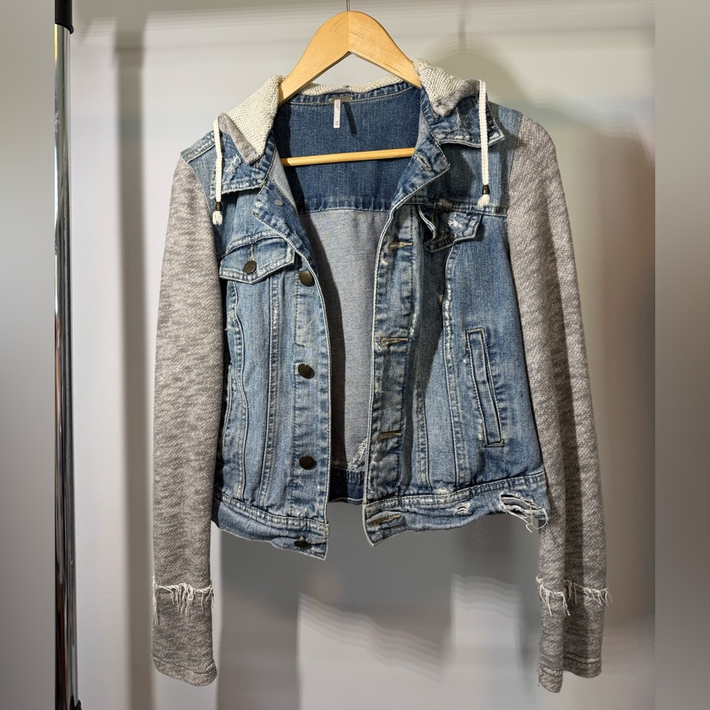 Free People Blue Denim Jacket with Gray Sleeves and Hood